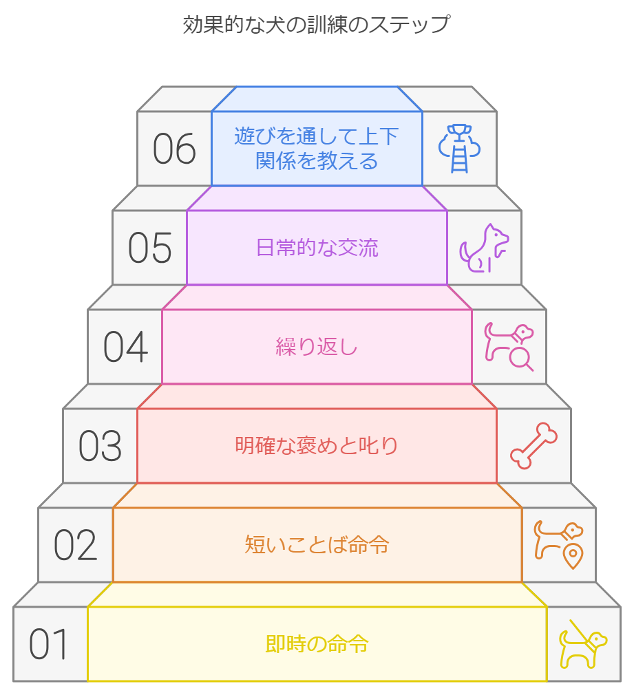 効果的な犬の訓練のステップ図解
